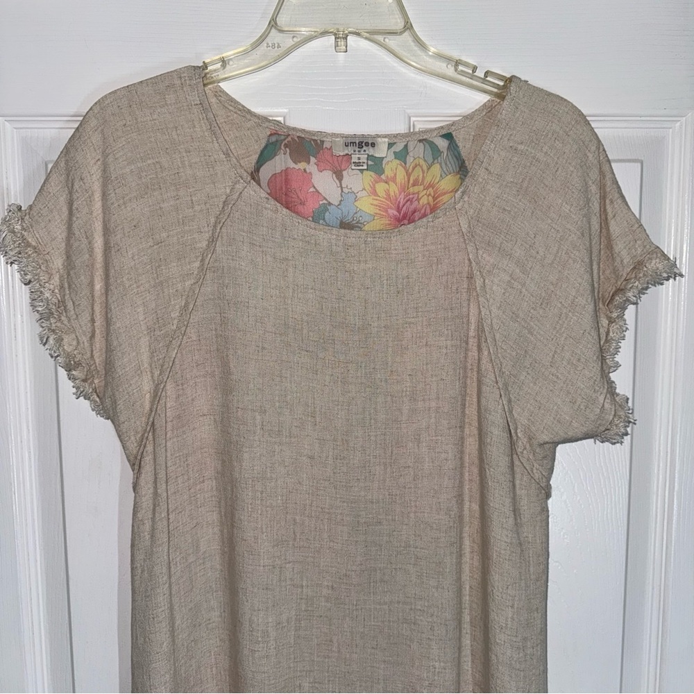 Umgee Beige Mini Linen Dress with High Low Ruffle Fringe and Floral Print - Picture 6 of 16